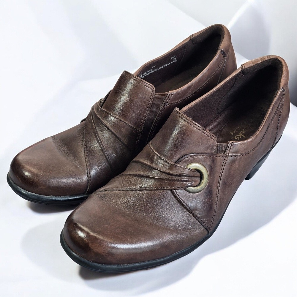 Clarks Bendables Mules Women 8W Brown Leather Slip On Low Heel Comfort Shoes